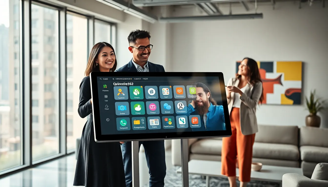 diverse professionals engaging with a digital interface in a modern office.